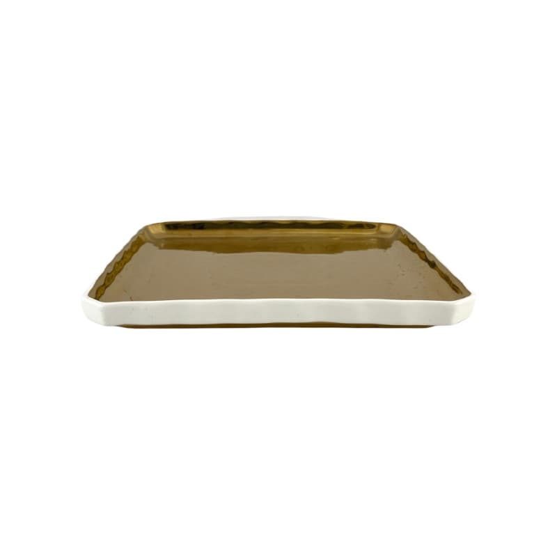 PLATO DE CERÁMICA CUADRADO BLANCO/DORADO25X25X2.5CM