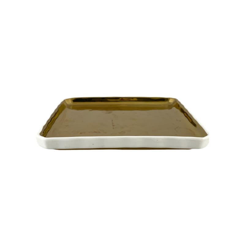 PLATO DE CERÁMICA CUADRADO BLANCO/DORADO 20X20X2.5CM