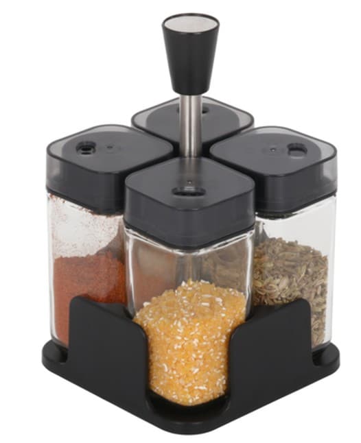 CONDIMENTEROS DE VIDRIO CON TAPA NEGRA SET 4 PZAS/120ML