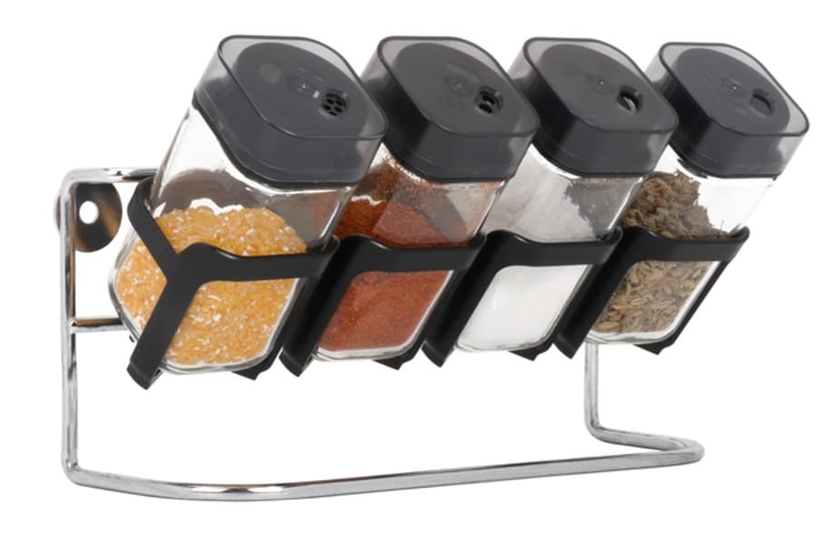 CONDIMENTEROS DE VIDRIO CON TAPA NEGRA Y SOPORTE SET 4 PZAS / 120ML