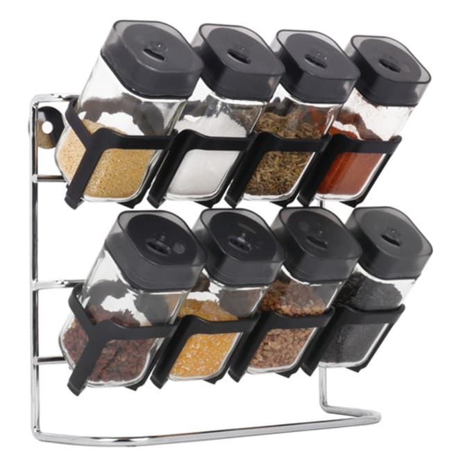 CONDIMENTEROS DE VIDRIO CON TAPA NEGRA Y SOPORTE SET 8 PZAS / 120ML