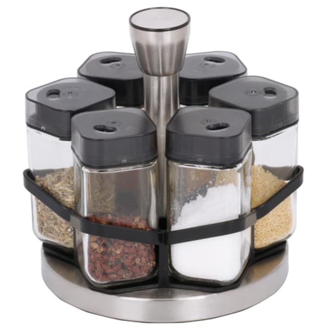 CONDIMENTEROS DE VIDRIO CON TAPA NEGRA Y SOPORTE SET 6 PZAS / 120ML