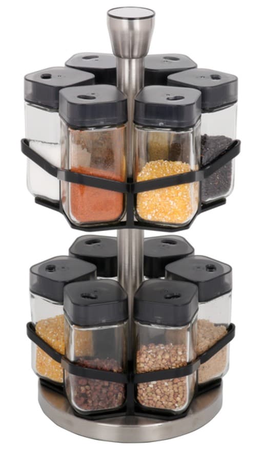 CONDIMENTEROS DE VIDRIO CON TAPA NEGRA Y SOPORTE SET 12 PZAS / 120ML