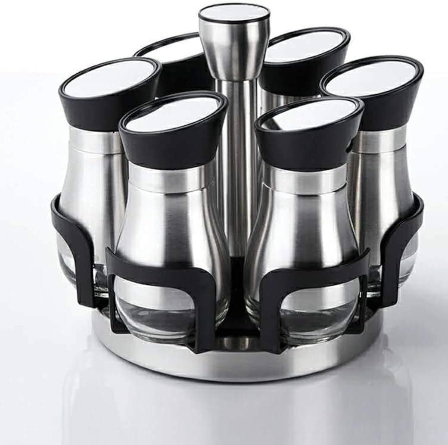 CONDIMENTEROS DE VIDRIO Y ACERO CON SOPORTE SET 6 PZAS / 130ML