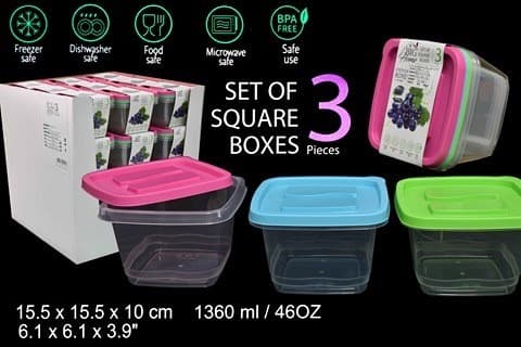 ENVASES PLÁSTICO CUADRADO 1360 Ml / 46 Oz  SET 3 PZAS