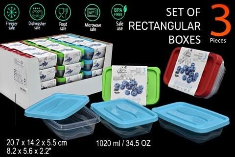 ENVASES DE PLÁSTICO RECTANGULAR 1020 Ml / 34.5 Oz SET 3 PZAS