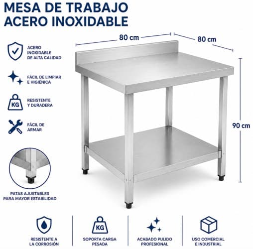 Mesa de trabajo inox con respaldar con patas cuadradas 80*80*90cm 1 mm