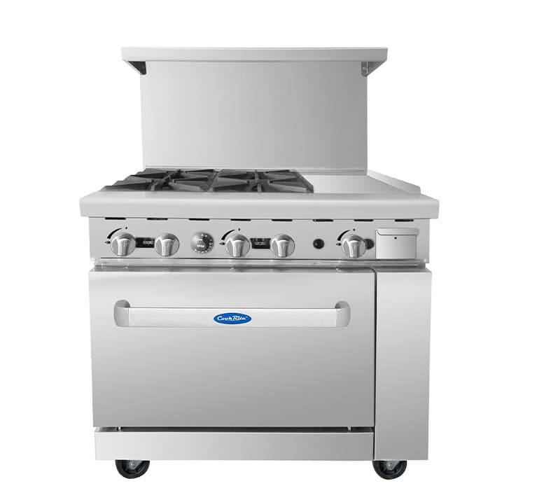 ESTUFA A GAS 4 QUEMADORES, PLANCHA 12'' Y HORNO  CHEFS FACTORY