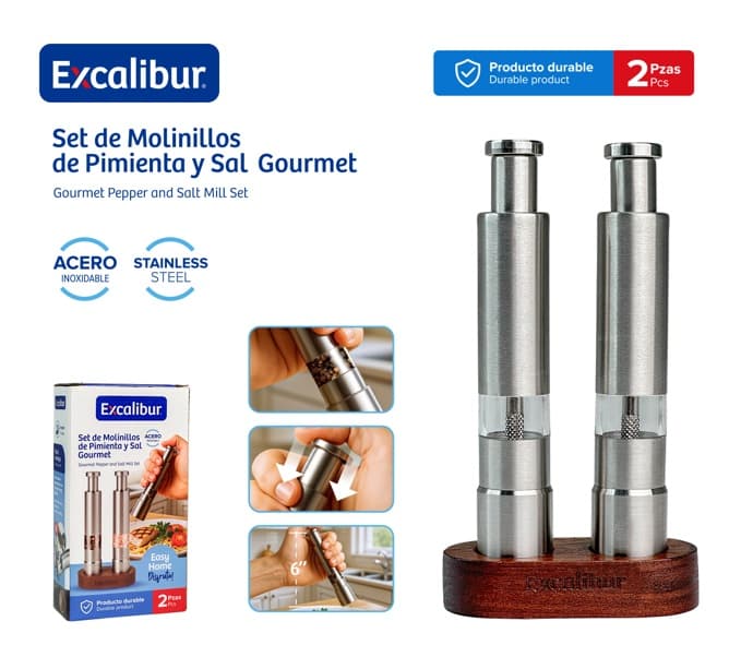 MOLINO DE SAL Y PIMIENTA INOX CON BASE DE MADERA