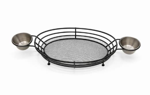 CESTA DE SERVIR NEGRA OVALADA CON 2 RAMEKIN DE ACERO 33X15X7CM