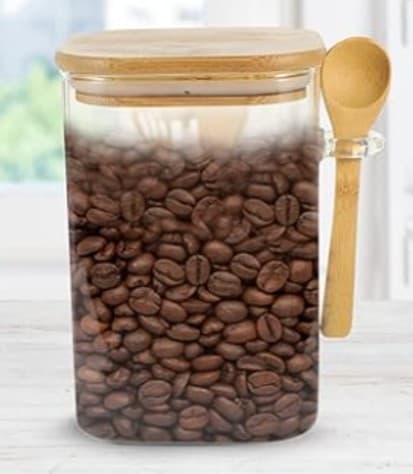 FRASCO DE VIDRIO CUADRADO CON TAPA DE MADERA Y CUCHARA 10X12 CM/ 27Oz - 800ML 