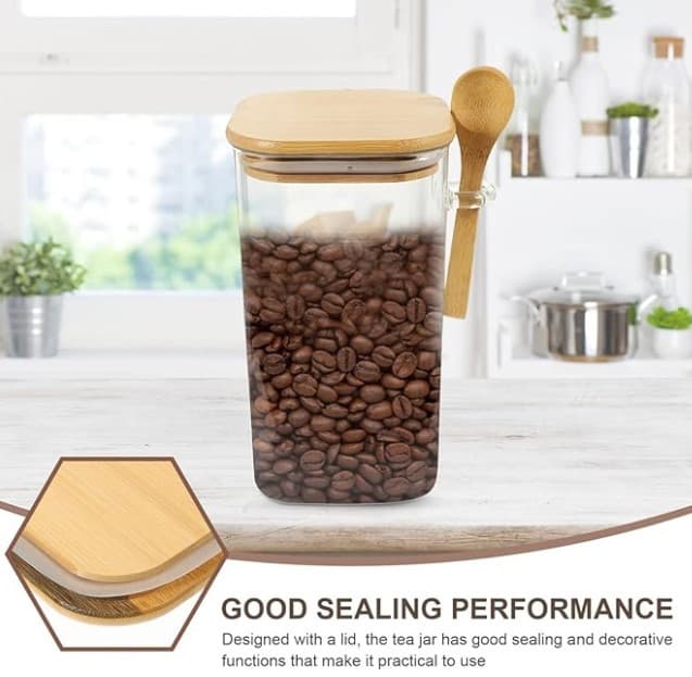 FRASCO DE VIDRIO CUADRADO CON TAPA DE MADERA Y CUCHARA 10X20 CM/ 44Oz - 1300ML 