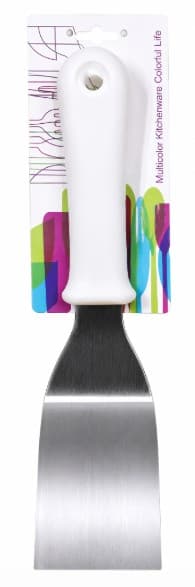 ESPATULA INOX ANGULAR CON MANGO DE PLÁSTICO BLANCO 26X6 CM