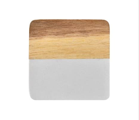 PORTAVASOS CUADRADO DE MADERA Y MARMOL BLANCO 10 CM