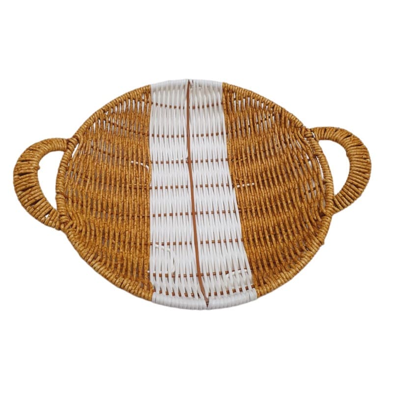 CANASTA TEJIDA REDONDA CON ASAS MARRON Y BLANCO 25 CM