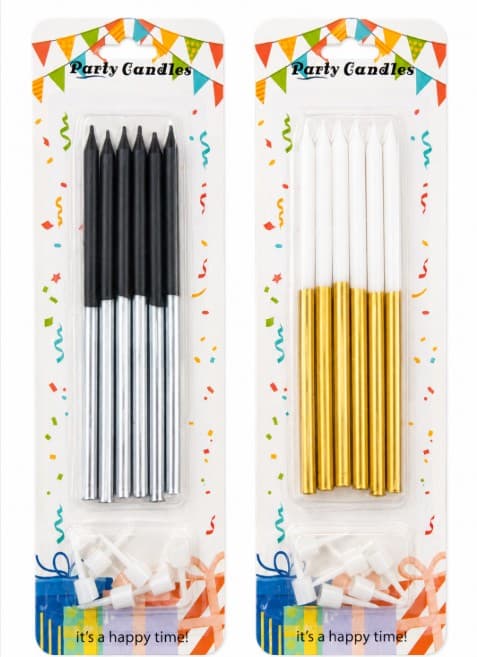 VELA METALIZADA DORADO CON BLANCO/ PLATEADO CON NEGRO  SET 6 PZAS