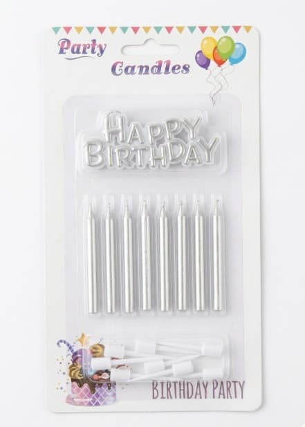 VELAS PLATEADA SET 8 PZAS + TOPPER FELIZ CUMPLEAÑOS