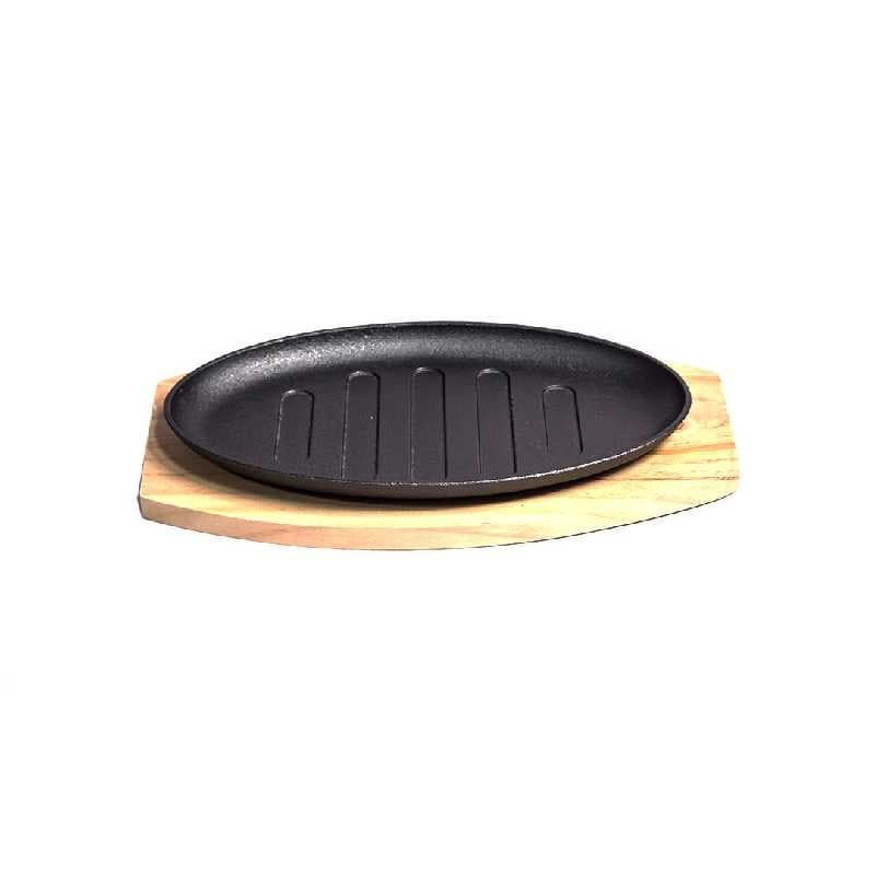PLATO DE HIERRO OVALADO CON BASE DE MADERA 27,2X18X1CM