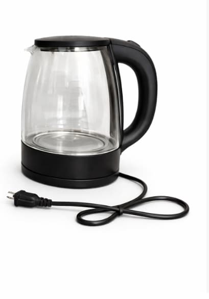 Tetera eléctrica de vidrio con base negra de 2 litros.