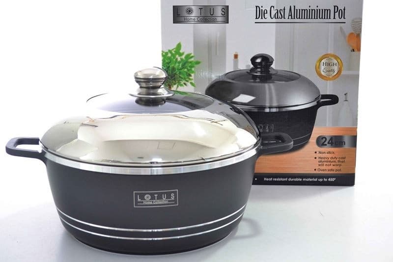 CACEROLA DE ALUMINIO Y ANTIADHERENTE CON TAPA DE VIDRIO Y BORDE DE ACERO 24 CM