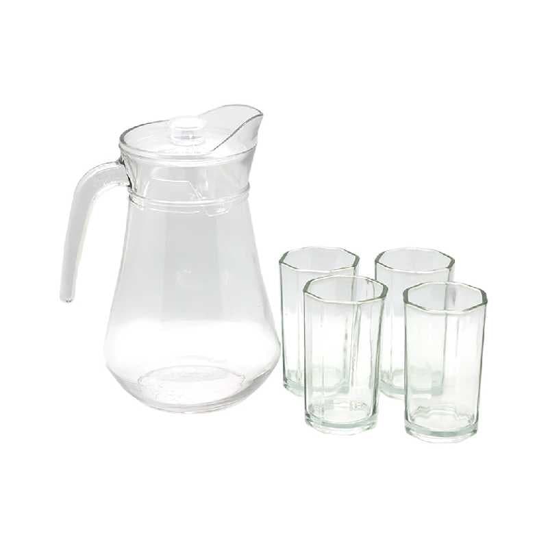 JARRA DE VIDRIO 1.2 LITROS + 4 VASOS DE VIDRIO 180 ml