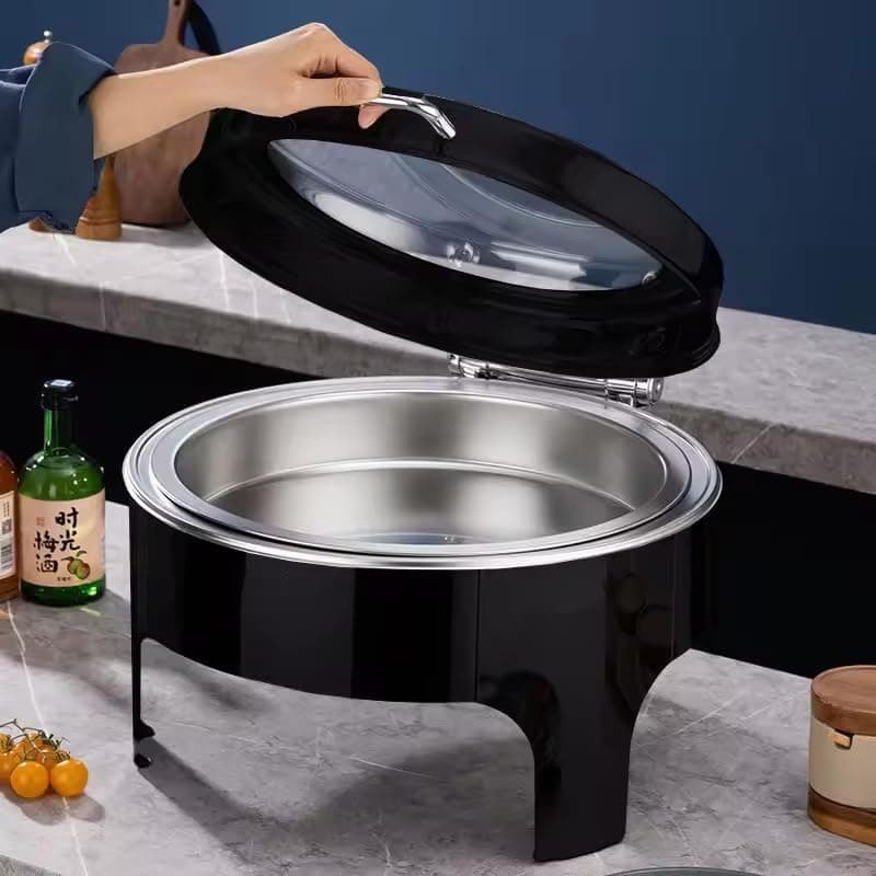 CHAFING DISH HIDRÁULICO REDONDO CON TAPA DE VIDRIO BORDE NEGRO
