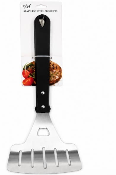 ESPATULA RANURADA ANCHA PARA PARRILLA CON DESTAPADOR 38 CM