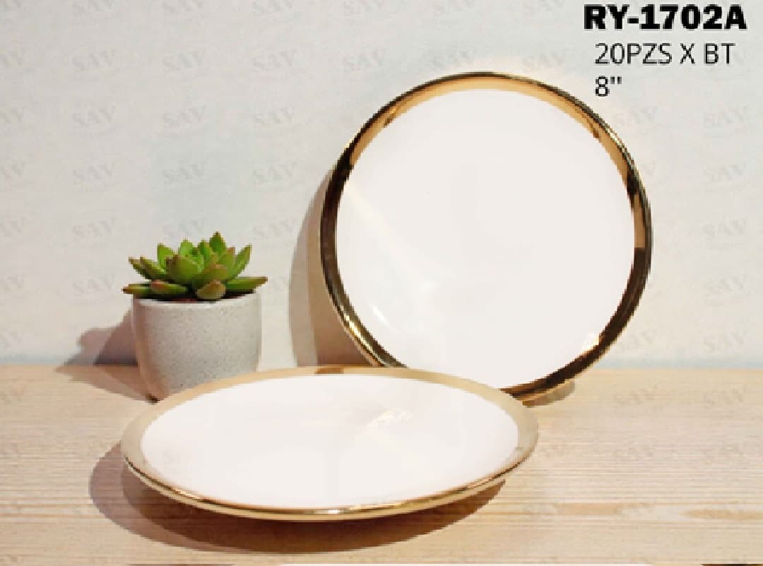 PLATO DE CERÁMICA REDONDO BLANCO CON BORDE DORADO 8"