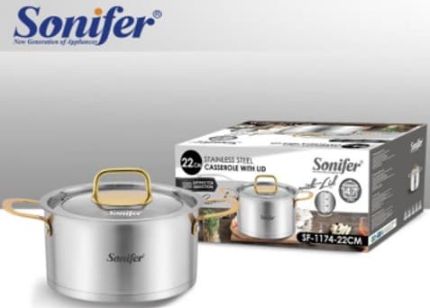 OLLA INOX CON TAPA DE VIDRIO MANGO DORADO 22*12.5 CM/ 4.0L SONIFER