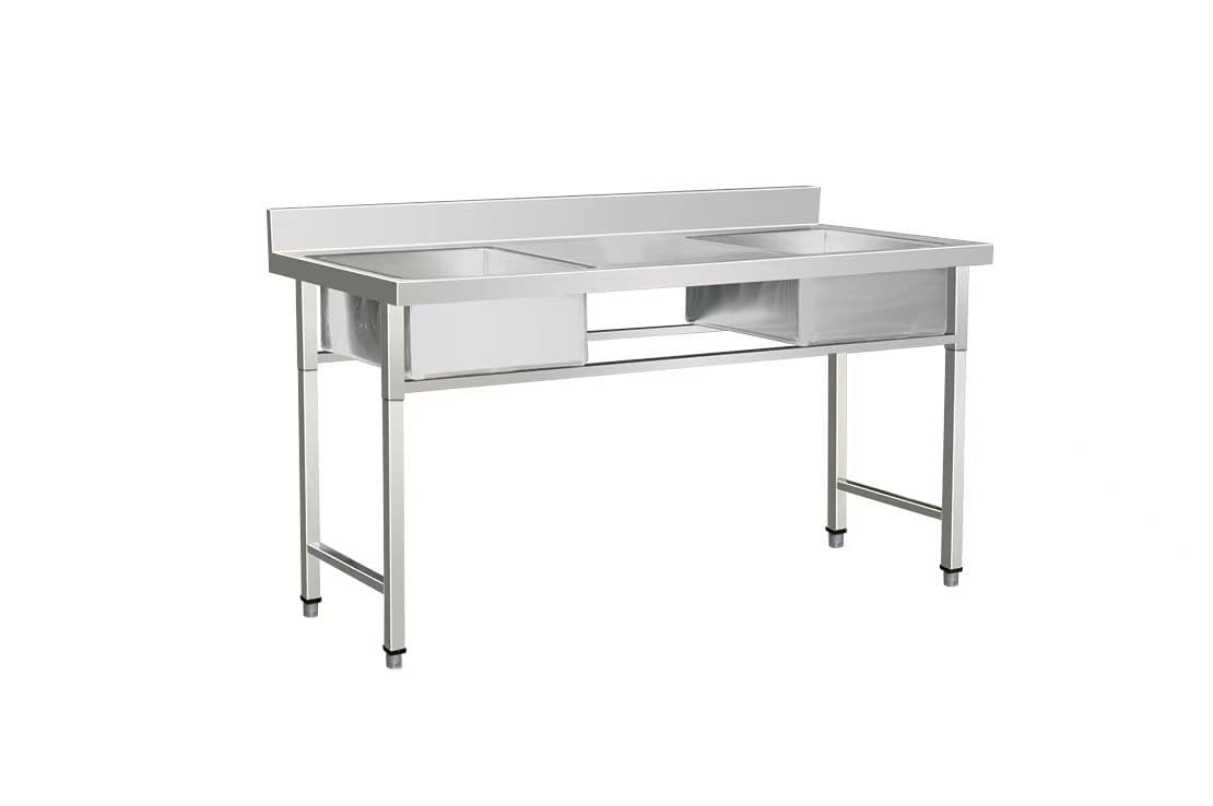 Fregador 2 tinas con mesa central 180x70x90+10cm / Patas cuadradas