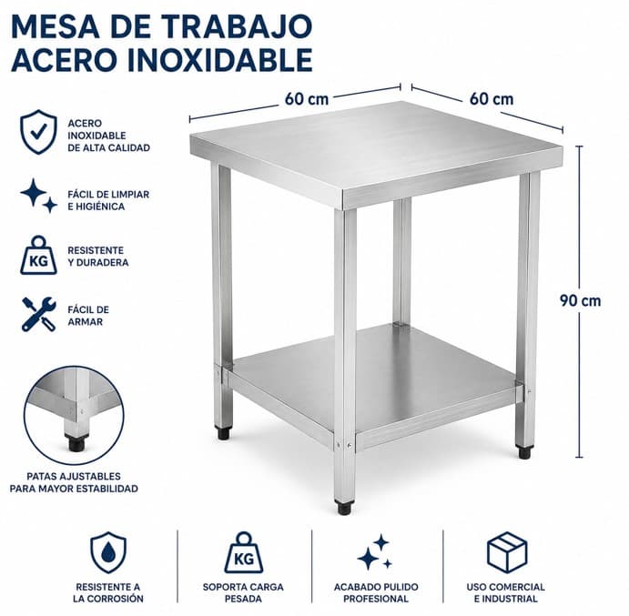 Mesa de trabajo inox sin respaldar con patas cuadradas 60*60*90cm 1 mm