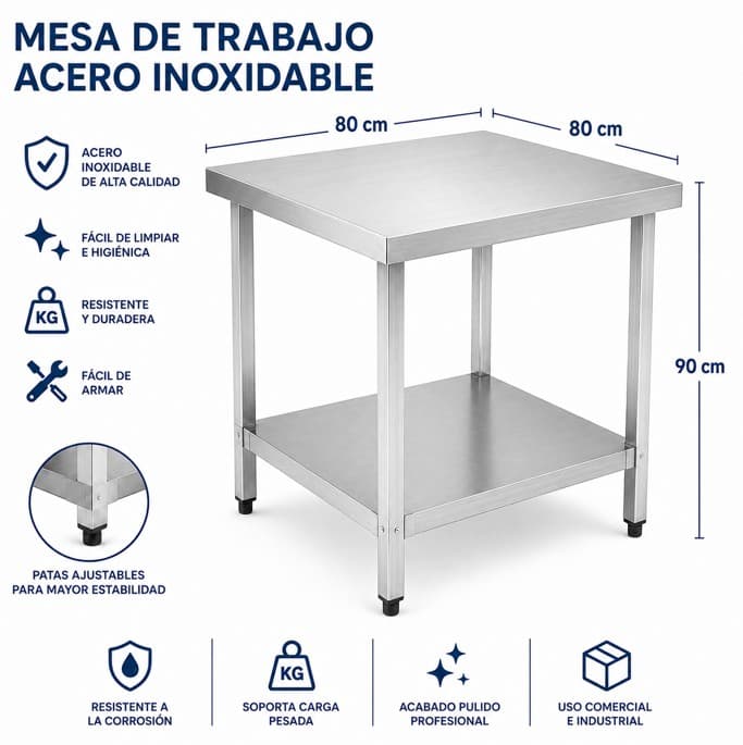 Mesa de trabajo inox sin respaldar con patas cuadradas 80*80*90cm 1mm