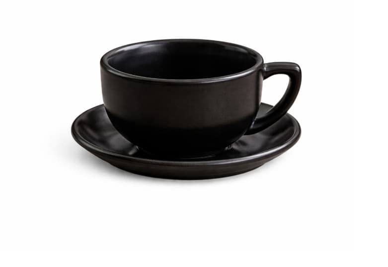 TAZA DE CERÁMICA CON PLATO  NEGRO 120CC SET 12 PZS
