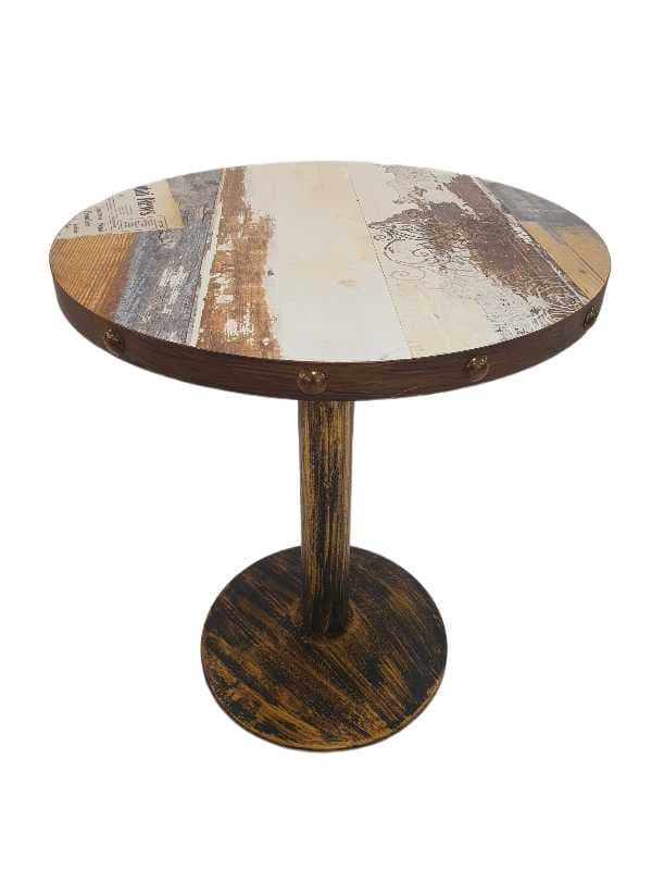 MESA REDONDA 60x75CM SOBRE PLYWOOD MARRON CLARO Y BLANCO / BASE BRONCE