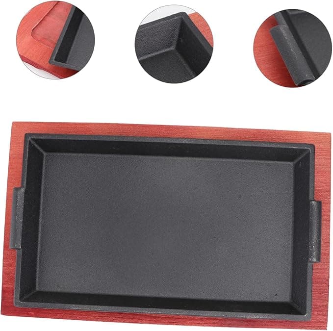 Plato de hierro con asas y base rectangular de madera 29x16.5 cm