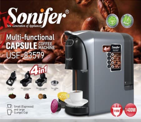 CAFETERA MULTIFUNCIONAL DE CÁPSULAS Y CAFÉ MOLIDO SONIFER 4 EN 1 AC110-120V 50/60HZ 1400W