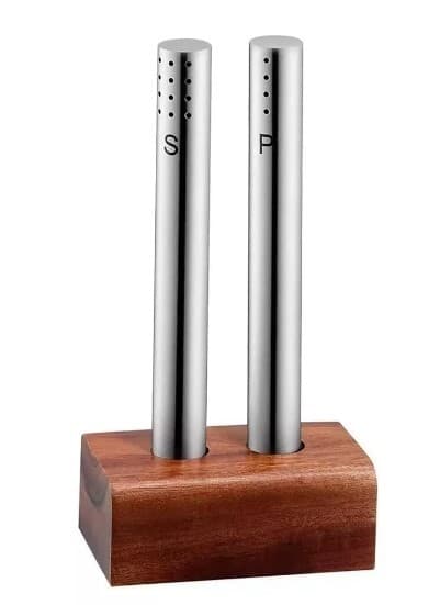 SALERO Y PIMENTERO INOX CON BASE DE MADERA