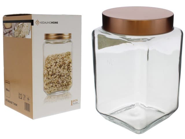 FRASCO DE VIDRIO CUADRADO CON TAPA DE ACERO OCRE 1800ml / 60oz