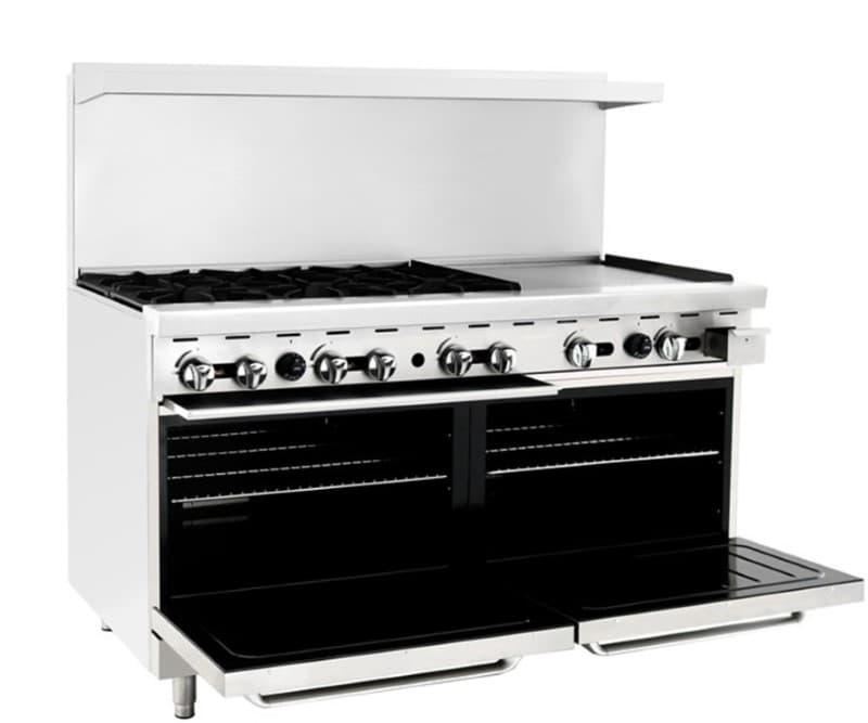 ESTUFA A GAS 6 QUEMADORES, PLANCHA 24'' Y 2 HORNOS CHEFS FACTORY