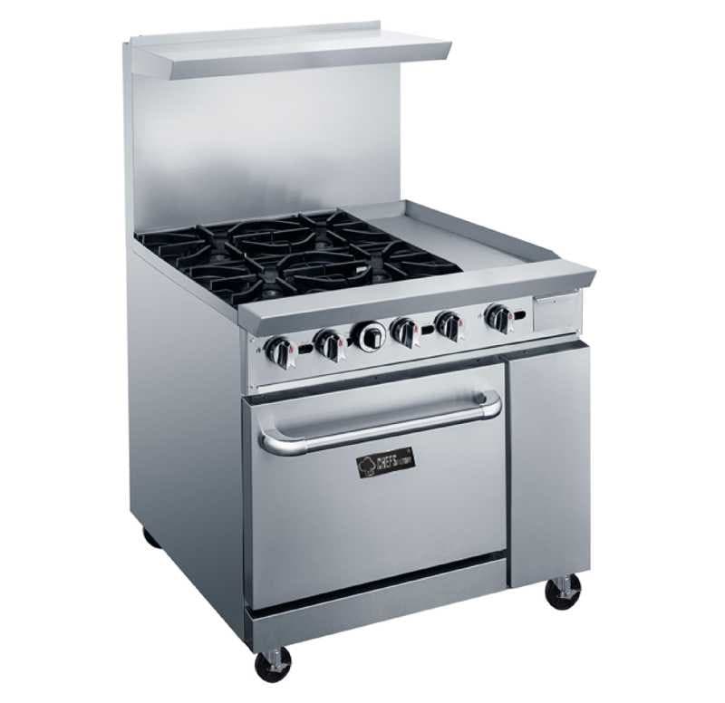 ESTUFA A GAS 4 QUEMADORES, PLANCHA 12'' Y HORNO CHEFS FACTORY