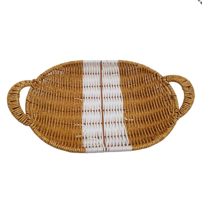 CANASTA TEJIDA OVALADA CON ASAS MARRON Y BLANCO 28X21 CM