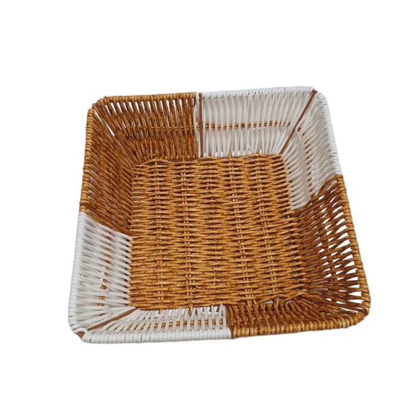 CANASTA TEJIDA CUADRADA MARRON Y BLANCO 23X23 CM