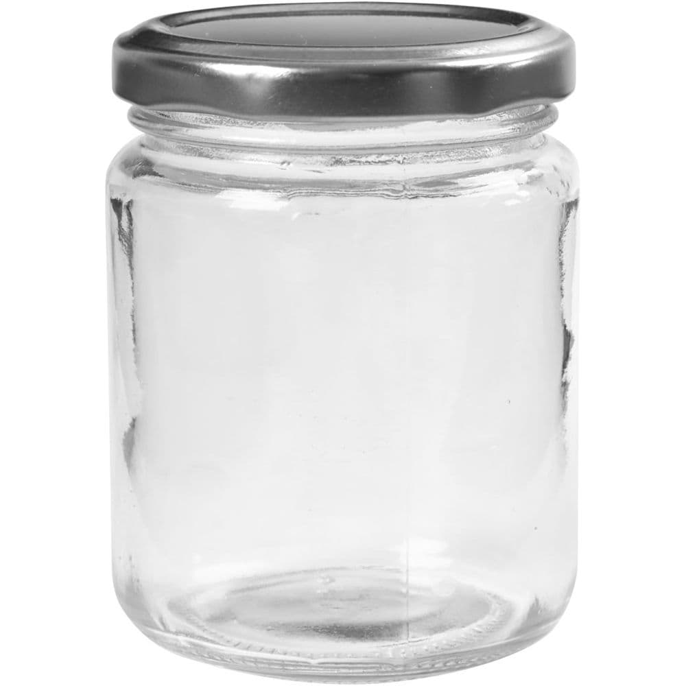 Frasco de vidrio con tapa plateada de 240 ml