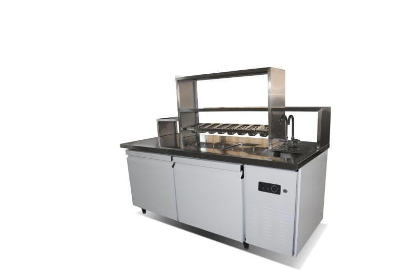 MESA REFRIGERADOR ESTATICA CON ESTANTERIA Y FREGADOR 150CM