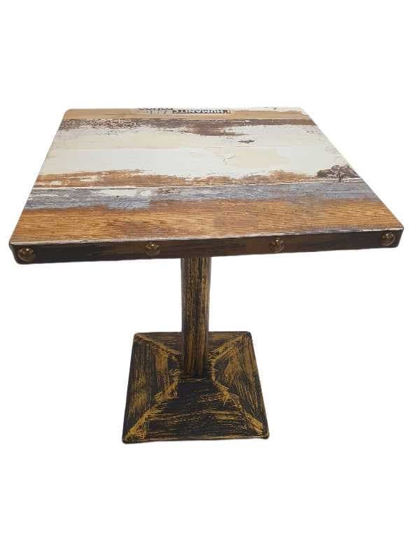 MESA CUADRADA 80x80x75CM SOBRE PLYWOOD MARRON CLARO Y BLANCO / BASE BRONCE