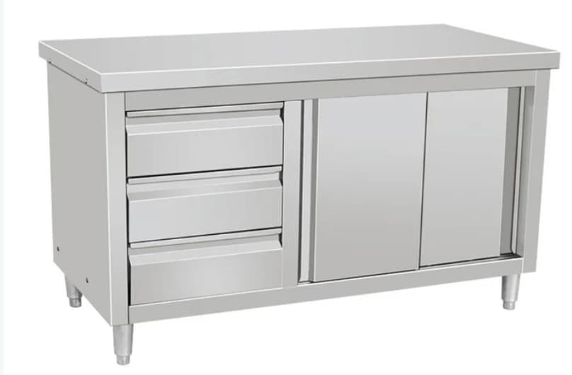 MUEBLE INOX CON GABINETE Y 3 CAJONES INOX 150*70*85cm