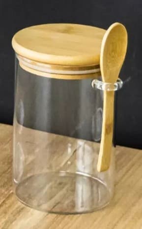 FRASCO DE VIDRIO REDONDO CON TAPA DE MADERA Y CUCHARA 10X20 CM/ 44 Oz - 1300ML