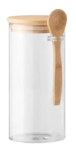 FRASCO DE VIDRIO REDONDO CON TAPA DE MADERA Y CUCHARA 10X30 CM/ 68Oz - 2000ML